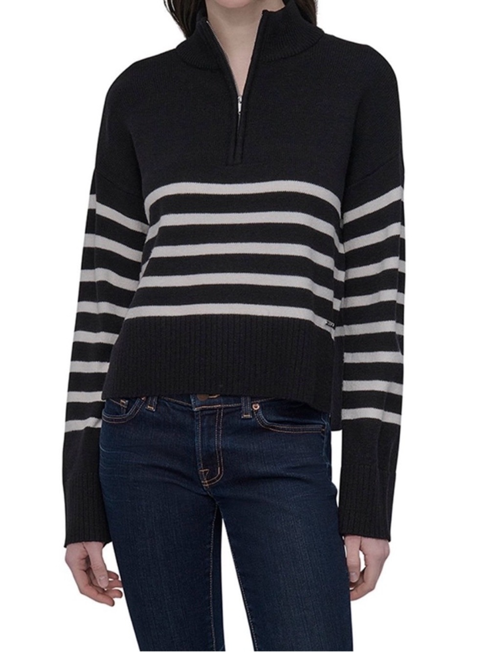 DKNY Quarter Zip Black and Ivory White - Striped Turtleneck Sweater XL - NWT